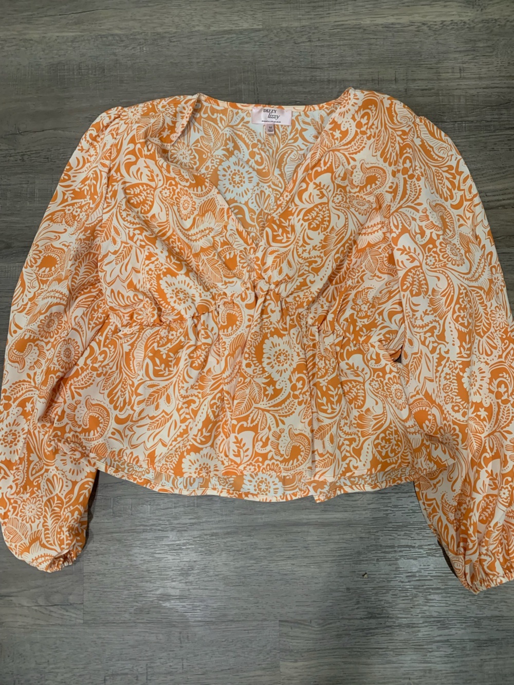 Dizzy Lizzy Long Sleeve Crop Top Orange & White Paisley Print Sz Medium